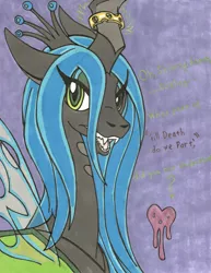 Size: 989x1280 | Tagged: source needed, safe, artist:anubislaughed, derpibooru import, queen chrysalis, changeling, changeling queen, dialogue, fangs, female, heart, horn ring, image, implied shining armor, jpeg, lidded eyes, open mouth, solo, traditional art