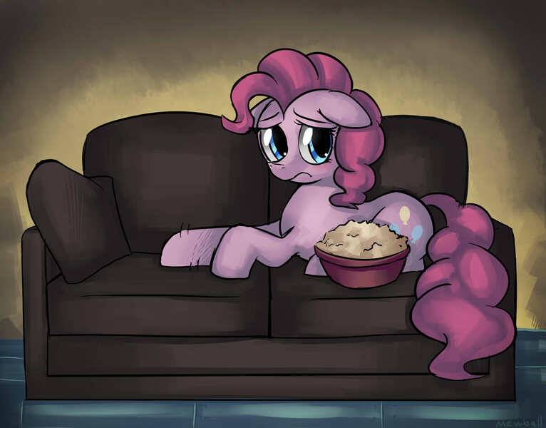 Size: 1810x1418 | Tagged: safe, artist:mewball, derpibooru import, pinkie pie, earth pony, pony, couch, female, floppy ears, food, mare, popcorn, prone, sad, solo