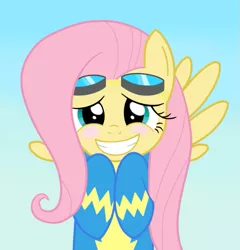 Size: 657x683 | Tagged: safe, artist:fluttershyfree, derpibooru import, fluttershy, pegasus, pony, blushing, female, goggles, gradient background, hooves to the chest, looking at you, mare, smiling, solo, wonderbolts uniform, wondershy