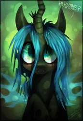 Size: 813x1183 | Tagged: safe, artist:imalou, derpibooru import, queen chrysalis, changeling, changeling queen, nymph, abstract background, blushing, cute, cutealis, dialogue, fangs, female, hugs needed, image, looking at you, png, signature, smiling, solo