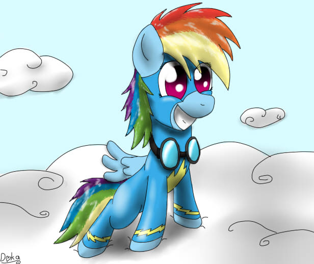 Size: 616x518 | Tagged: safe, artist:daelakama, derpibooru import, rainbow dash, pegasus, pony, cloud, female, filly, foal, goggles, grin, smiling, solo, wonderbolts uniform