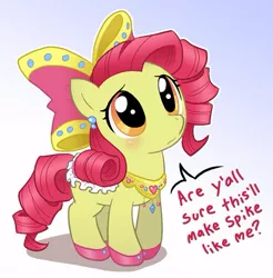 Size: 573x583 | Tagged: safe, artist:pimmy, derpibooru import, apple bloom, earth pony, pony, fanfic, adorabloom, alternate hairstyle, blushing, bow, clothes, curly hair, cute, dialogue, dress, earring, female, filly, frown, gradient background, hair bow, jewelry, regalia, saddle, shipping, shoes, solo, spikebloom, straight, worried, y'all