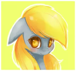 Size: 1000x924 | Tagged: safe, artist:derpiihooves, derpibooru import, derpy hooves, pegasus, pony, bust, colored pupils, cute, derpabetes, female, floppy ears, looking at you, mare, portrait, simple background, smiling, solo, yellow background
