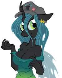 Size: 4800x6000 | Tagged: safe, artist:internationaltck, artist:trollie trollenberg, derpibooru import, queen chrysalis, anthro, changeling, changeling queen, absurd resolution, adorasexy, breasts, busty queen chrysalis, cleavage, cute, cutealis, ear piercing, earring, fangs, female, hat, jewelry, looking at you, piercing, sexy, simple background, smiling, solo, stupid sexy chrysalis, transparent background, vector