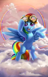 Size: 743x1200 | Tagged: safe, artist:mew, derpibooru import, rainbow dash, pegasus, pony, bipedal, cloud, cloudy, female, goggles, grin, looking at you, mare, rainbow, rearing, smiling, solo