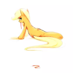 Size: 2000x2000 | Tagged: suggestive, artist:derpiihooves, derpibooru import, applejack, earth pony, pony, beautiful, female, high res, looking at you, looking back, loose hair, mare, mouth hold, ribbon, simple background, solo, solo female, white background