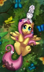 Size: 743x1200 | Tagged: safe, artist:mew, derpibooru import, angel bunny, fluttershy, butterfly, pegasus, pony, bird's eye view, cute, duo, female, forest, mare, on back, shyabetes, smiling, underhoof