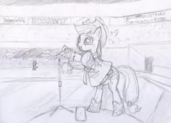 Size: 804x579 | Tagged: safe, artist:frist44, derpibooru import, applejack, spike, dragon, earth pony, pony, boots, clothes, crossover, dr. peace, duo, female, male, mare, microphone, monochrome, no more heroes, rearing, shoes