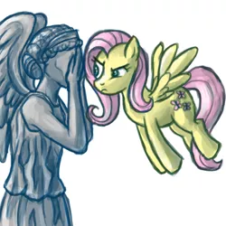 Size: 500x500 | Tagged: artist needed, safe, derpibooru import, fluttershy, pegasus, pony, covering eyes, crossover, doctor who, female, flying, mare, simple background, the stare, weeping angel, white background