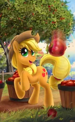 Size: 743x1200 | Tagged: safe, artist:mew, derpibooru import, applejack, earth pony, pony, apple, apple tree, crepuscular rays, female, mare, motion blur, rearing, smiling, solo, tree