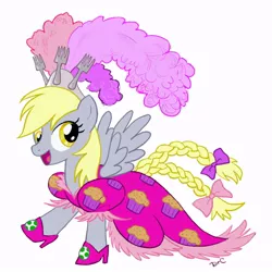 Size: 800x800 | Tagged: safe, artist:drchrissy, derpibooru import, ponibooru import, derpy hooves, pegasus, pony, bow, braided tail, clothes, dress, female, fork, happy, high heels, mare, muffin, simple background, solo, spread wings, tail bow, white background