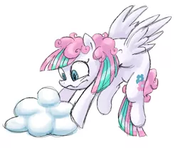 Size: 1022x849 | Tagged: safe, artist:needsmoarg4, derpibooru import, blossomforth, pegasus, pony, alternate hairstyle, cloud, female, flying, g4, mare, simple background, solo, wavy mouth, white background