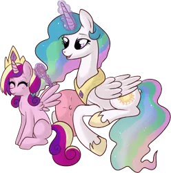 Size: 644x648 | Tagged: safe, artist:lulubell, derpibooru import, princess cadance, princess celestia, alicorn, pony, aunt and niece, brush, brushie, cute, cutedance, cutelestia, duo, duo female, female, filly, filly cadance, mare, momlestia, pillow, prone, simple background, sitting, smiling, transparent background, younger