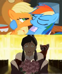 Size: 600x717 | Tagged: safe, derpibooru import, edit, screencap, applejack, rainbow dash, earth pony, human, pegasus, pony, appledash, female, flower, kissing, korra, mare, out of context, pabu, shipping, shocked, the legend of korra