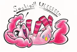 Size: 1000x675 | Tagged: safe, artist:aqnichols, artist:beechsprout, derpibooru import, pinkie pie, earth pony, pony, artifact, clothes, cute, dialogue, diapinkes, female, lying down, mare, on back, simple background, sockies, socks, solo, striped socks, traditional art, white background