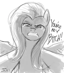 Size: 900x1038 | Tagged: safe, artist:johnjoseco, derpibooru import, fluttershy, pegasus, pony, angry, female, flutterbitch, grayscale, looking at you, mare, monochrome, offscreen character, pov, solo, vulgar