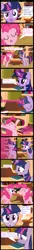 Size: 447x3301 | Tagged: safe, artist:deviantdalton, derpibooru import, pinkie pie, twilight sparkle, earth pony, pony, unicorn, clone, comic, duplication, female, golden oaks library, magic, mare, self ponidox, too much pink energy is dangerous
