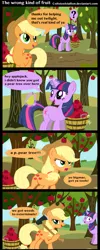 Size: 615x1536 | Tagged: safe, artist:coltsteelstallion, derpibooru import, applejack, twilight sparkle, earth pony, pony, unicorn, apple, axe, comic, duo, duo female, female, food, hilarious in hindsight, mare, orchard, pear, pear tree, that pony sure does hate pears, tree, unicorn twilight