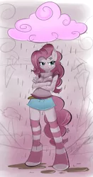 Size: 627x1200 | Tagged: anthro, artist:dragontheshadows, chocolate rain, clothes, cloud, crossed arms, cross-popping veins, derpibooru import, discorded, female, frown, meanie pie, pinkie pie, safe, socks, solo, striped socks, unguligrade anthro
