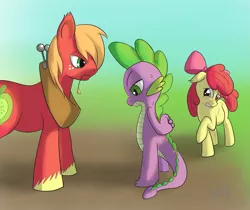 Size: 1291x1084 | Tagged: safe, artist:sharpy, derpibooru import, apple bloom, big macintosh, spike, dragon, earth pony, pony, female, frown, glare, gradient background, gritted teeth, image, interspecies, looking down, male, mare, mommabloom, nervous, older, older apple bloom, older spike, parent:spike, png, pregnant, raised hoof, shipping, spikebloom, stallion, straight, sweat, teen pregnancy, teenager, this will end in marriage