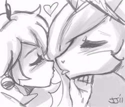 Size: 700x600 | Tagged: safe, artist:johnjoseco, derpibooru import, princess celestia, alicorn, human, pony, blushing, crossover, crossover shipping, eyes closed, female, grayscale, heart, human female, human on pony action, imminent kissing, kissing, lesbian, mare, mare on human female, monochrome, princess peach, shipping, super mario bros.