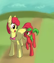 Size: 719x840 | Tagged: safe, artist:sharpy, derpibooru import, apple bloom, oc, dracony, earth pony, hybrid, pony, bowtie, duo, female, foal, interspecies, interspecies offspring, looking at each other, male, mare, mother and son, offspring, older, open mouth, parent:apple bloom, parent:spike, parents:spikebloom, raised hoof, slit eyes, smiling