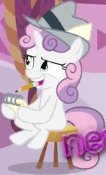 Size: 257x424 | Tagged: safe, banned from derpibooru, deleted from derpibooru, derpibooru import, screencap, sweetie belle, pony, unicorn, ponyville confidential, all new, animated, cropped, eyebrow wiggle, eyebrows, female, filly, gif, hat, hay, image, mouth hold, notebook, pencil, sitting, solo, stool, text