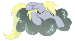 Size: 2000x1100 | Tagged: safe, artist:equestria-prevails, derpibooru import, derpy hooves, pegasus, pony, cloud, cutie mark, eyes closed, female, floppy ears, hooves, lightning, lying on a cloud, mare, on a cloud, prone, simple background, sleeping, solo, stormcloud, transparent background, wallpaper, wings