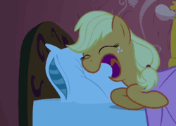 Size: 350x250 | Tagged: safe, derpibooru import, screencap, applejack, earth pony, pony, look before you sleep, animated, bed, eyes closed, female, gif, golden oaks library, hatless, mare, missing accessory, open mouth, pillow, side, sleeping, snoring, solo