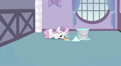 Size: 500x273 | Tagged: safe, derpibooru import, screencap, sweetie belle, pony, unicorn, sisterhooves social, animated, bucket, carousel boutique, catching, cleaning, female, filly, gif, mouth hold, solo