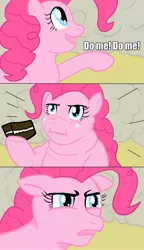 Size: 1196x2080 | Tagged: safe, artist:jarntazecht, derpibooru import, doomie, pinkie pie, changeling, earth pony, pony, a canterlot wedding, burn, cake, comic, disguise, disguised changeling, do me, duo, fat, female, mare, narrowed eyes, parody, pudgy pie, rekt, scene parody