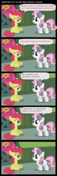 Size: 533x1652 | Tagged: artist needed, safe, derpibooru import, edit, apple bloom, sweetie belle, earth pony, pony, unicorn, comic, duo, duo female, female, filly, quantum physics, relativity, scrunchy face, sitting, special, theory of relativity