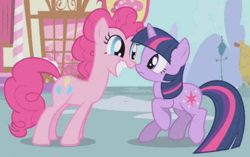 Size: 500x313 | Tagged: safe, derpibooru import, screencap, pinkie pie, twilight sparkle, earth pony, pony, unicorn, friendship is magic, animated, blinking, duo, duo female, extreme speed animation, eye contact, female, gif, grin, looking at each other, mare, seizure warning, smiling, unicorn twilight