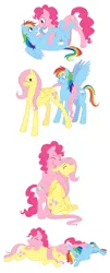 Size: 1000x2476 | Tagged: dead source, suggestive, artist:cartoonlion, derpibooru import, fluttershy, pinkie pie, rainbow dash, earth pony, pegasus, pony, blushing, eye contact, female, flutterdash, flutterdashpie, flutterpie, group sex, hug, hug from behind, lesbian, looking at each other, mare, on back, pinkiedash, pony pillow, prone, shipping, simple background, sitting, smiling, white background