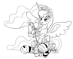 Size: 1280x1033 | Tagged: dead source, safe, artist:mew, derpibooru import, princess luna, alicorn, pony, blushing, clothes, cute, dress, female, flower, flower in hair, grin, mare, monochrome, sitting, smiling, socks, solo, spread wings, squee, striped socks, underhoof