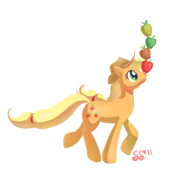Size: 823x841 | Tagged: safe, artist:alipes, derpibooru import, applejack, earth pony, pony, apple, balancing, female, mare, ponies balancing stuff on their nose, simple background, solo, transparent background