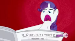 Size: 852x471 | Tagged: safe, derpibooru import, screencap, rarity, pony, unicorn, ponyville confidential, abstract background, female, hub logo, i'll destroy her, mare, newspaper, palindrome get, solo, youtube caption