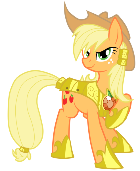 Size: 4105x5000 | Tagged: safe, artist:equestria-prevails, artist:jennieoo, derpibooru import, applejack, earth pony, pony, absurd resolution, alternate hairstyle, armor, element of honesty, female, hair tie, looking at you, mare, raised hoof, simple background, smiling, solo, transparent background, vector