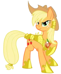 Size: 4105x5000 | Tagged: safe, artist:equestria-prevails, artist:jennieoo, derpibooru import, applejack, earth pony, pony, absurd resolution, alternate hairstyle, armor, element of honesty, female, hair tie, looking at you, mare, raised hoof, simple background, smiling, solo, transparent background, vector
