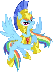 Size: 3562x4836 | Tagged: safe, artist:equestria-prevails, artist:jennieoo, derpibooru import, rainbow dash, pegasus, pony, armor, element of loyalty, female, flying, helmet, long hair, looking at you, mare, simple background, smiling, solo, spread wings, transparent background, vector