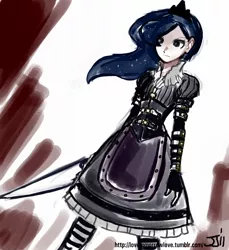 Size: 914x1000 | Tagged: alice in wonderland, alice madness returns, american mcgee's alice, artist:johnjoseco, clothes, colored, cosplay, costume, crossover, derpibooru import, female, human, humanized, princess luna, safe, solo, vorpal blade, weapon
