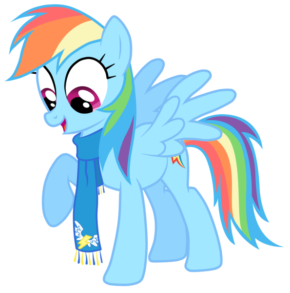 Size: 4696x4739 | Tagged: safe, artist:jennieoo, derpibooru import, rainbow dash, pegasus, pony, absurd resolution, clothes, female, looking down, mare, open mouth, raised hoof, scarf, simple background, smiling, solo, spread wings, transparent background, vector, wonderbolts