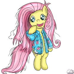 Size: 900x900 | Tagged: artist:freefraq, bed mane, clothes, derpibooru import, female, fluttershy, safe, semi-anthro, shirt, simple background, solo, transparent background