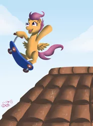 Size: 574x774 | Tagged: safe, artist:alipes, derpibooru import, scootaloo, pegasus, pony, female, filly, roof, scooter, solo