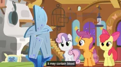 Size: 923x509 | Tagged: safe, derpibooru import, edit, edited screencap, screencap, apple bloom, scootaloo, sweetie belle, earth pony, pegasus, pony, unicorn, stare master, caption, cutie mark crusaders, female, filly, fluttershy's cottage, youtube caption