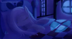 Size: 960x529 | Tagged: safe, artist:raikoh, derpibooru import, fluttershy, pegasus, pony, bed, female, mare, night, sleeping, smiling, solo