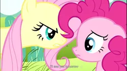 Size: 1366x768 | Tagged: safe, derpibooru import, screencap, fluttershy, pinkie pie, earth pony, pegasus, pony, putting your hoof down, duo, duo female, female, flutterbitch, mare, youtube caption