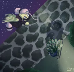 Size: 1094x1069 | Tagged: safe, artist:alipes, derpibooru import, fluttershy, bird, peacock, pegasus, pony, alternate hairstyle, badass, badass adorable, cute, female, flutterbadass, looking at something, looking down, mare, night, ninja, outdoors, solo, stray strand, wall, wings