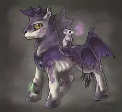 Size: 780x713 | Tagged: safe, artist:idess, derpibooru import, oc, oc:lionheart, oc:mouse, unofficial characters only, bat pony, dragon, ghoul, mouse, pony, fallout equestria, fanfic, armor, canterlot ghoul, fanfic art, gray background, night guard, pink cloud (fo:e), pipbuck, pipleg, simple background