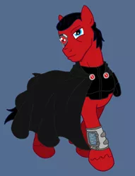 Size: 900x1176 | Tagged: safe, artist:irkengeneral, derpibooru import, oc, oc:red eye, unofficial characters only, cyborg, earth pony, pony, fallout equestria, fanfic, blue background, cape, clothes, fanfic art, hooves, male, pipbuck, simple background, solo, stallion